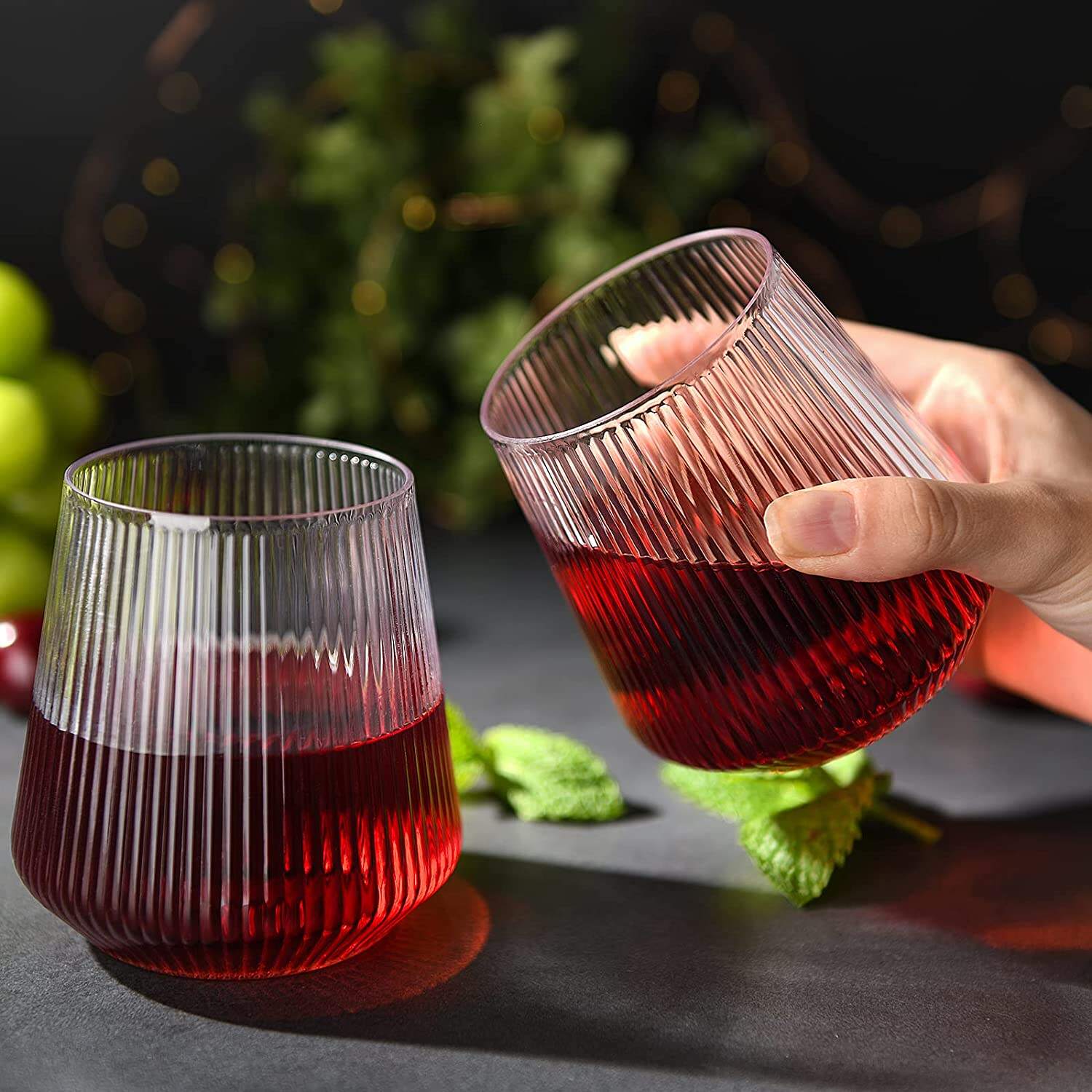 Charmlite 14oz Shatterproof Clear Stemless Plastic Ribbed Wine Glasses, Dishwasher-safe