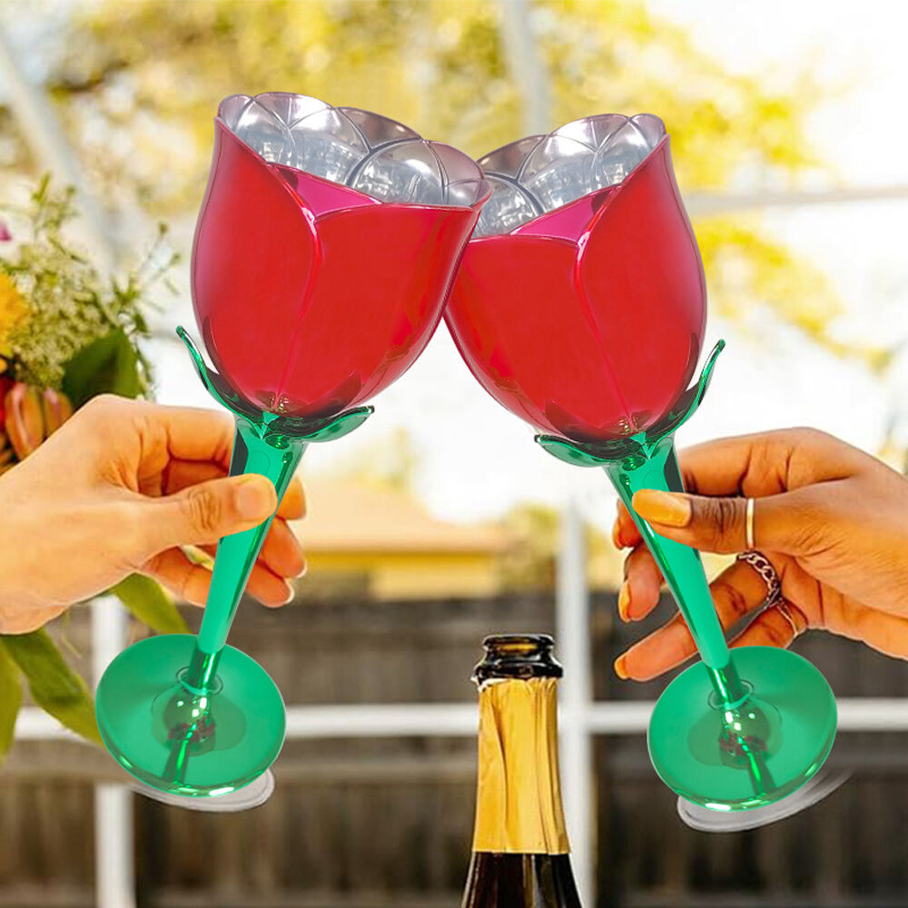 175 ml Rose Shaped Electroplated Plastic Goblet Red and Green Rose Flower Wine Glass