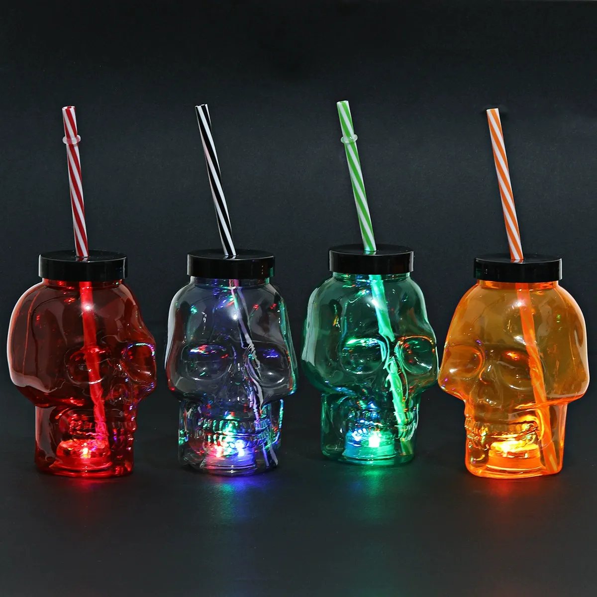 16oz Flashing Halloween Skull Tumbler Cup LED Plastic Skull Mason Jar