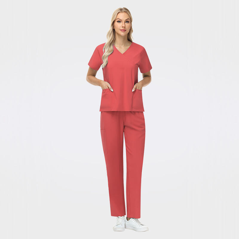Stylish Medical Scrub Set Crossover Y-Neck Top & Drawstring Pants 42186
