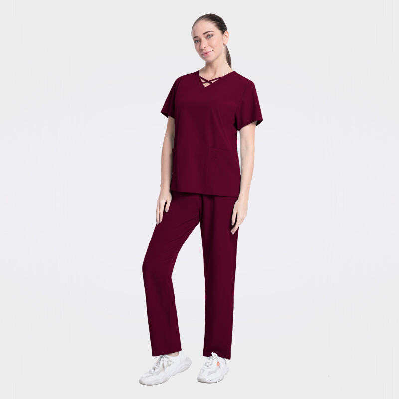 Elastic Fabric Multiple Pockets Top Straight Pant Scrubs Uniform Sets 42026