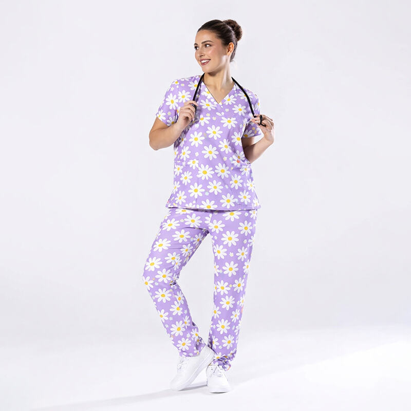 95% Cotton 5% Spandex Printed Nurse Scrub - Soft Stretchy Breathable Fun Print Medical Tunic