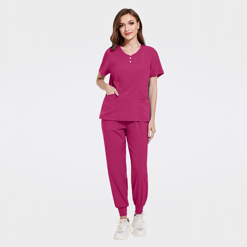 Premium Asymmetric Henley Neck Medical Scrubs Soft Stretch Straight Pants Set 42162