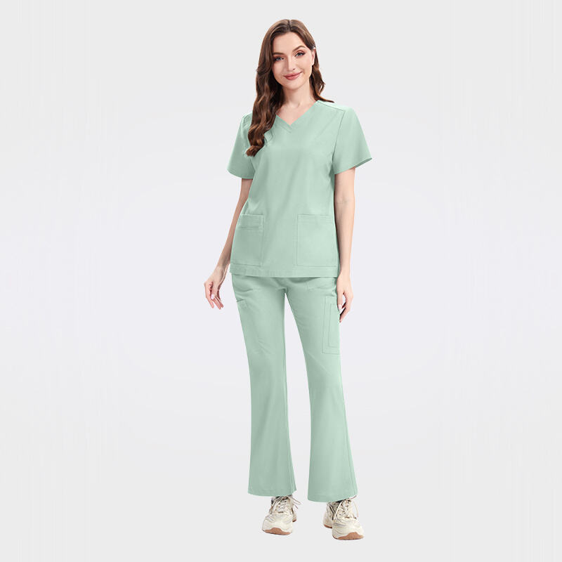 Women Medical Scrubs Set Tailored V-Neck Top Wide Leg Pants Nursing 42342