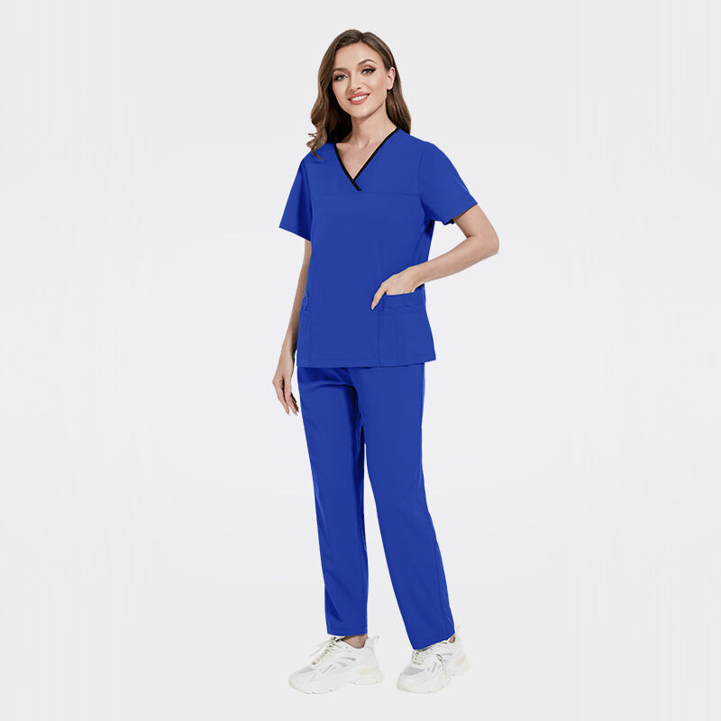 Stylish Scrub Set: Contrast V-Neck Top & Cargo Pants Uniform 42169