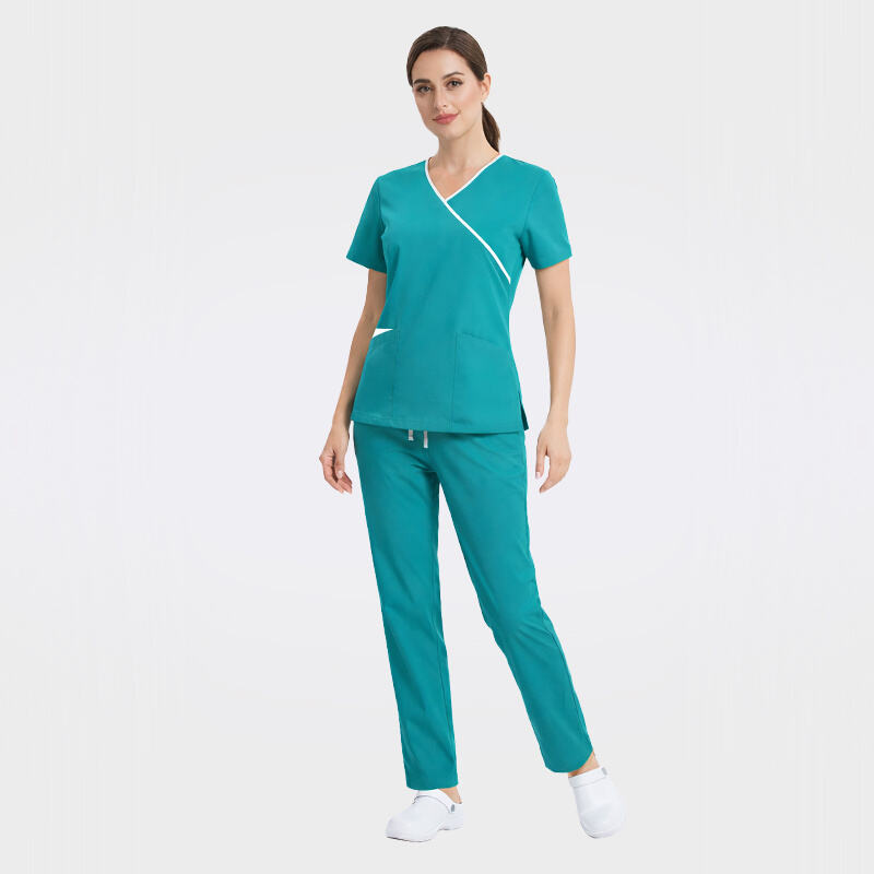 V-Neck Scrub Set Contrast Piping Stylish Medical Uniform Suit 42004