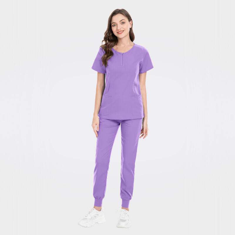 Unique Crew Neck with Zipper Jogger Anti-wrinkle Material Medical Scrubs 42028