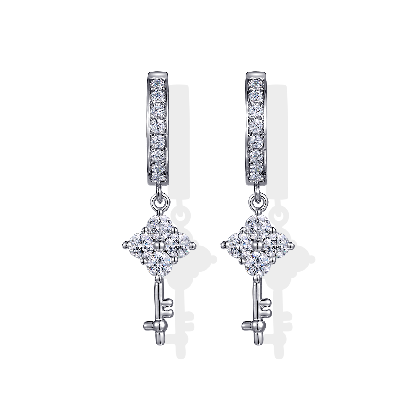 Original design white gold key shape full pave diamond hugging earring