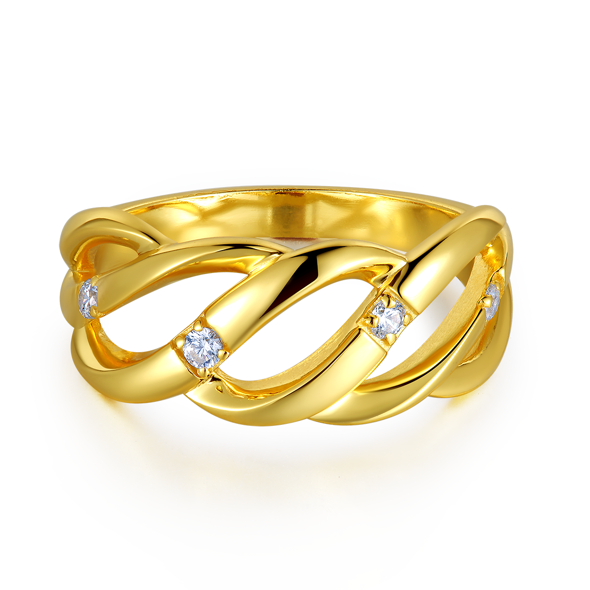 Fashion Weave Chain Ring Gold Plate Jewelry Chain Design Gemstone Inlay Rings for Women
