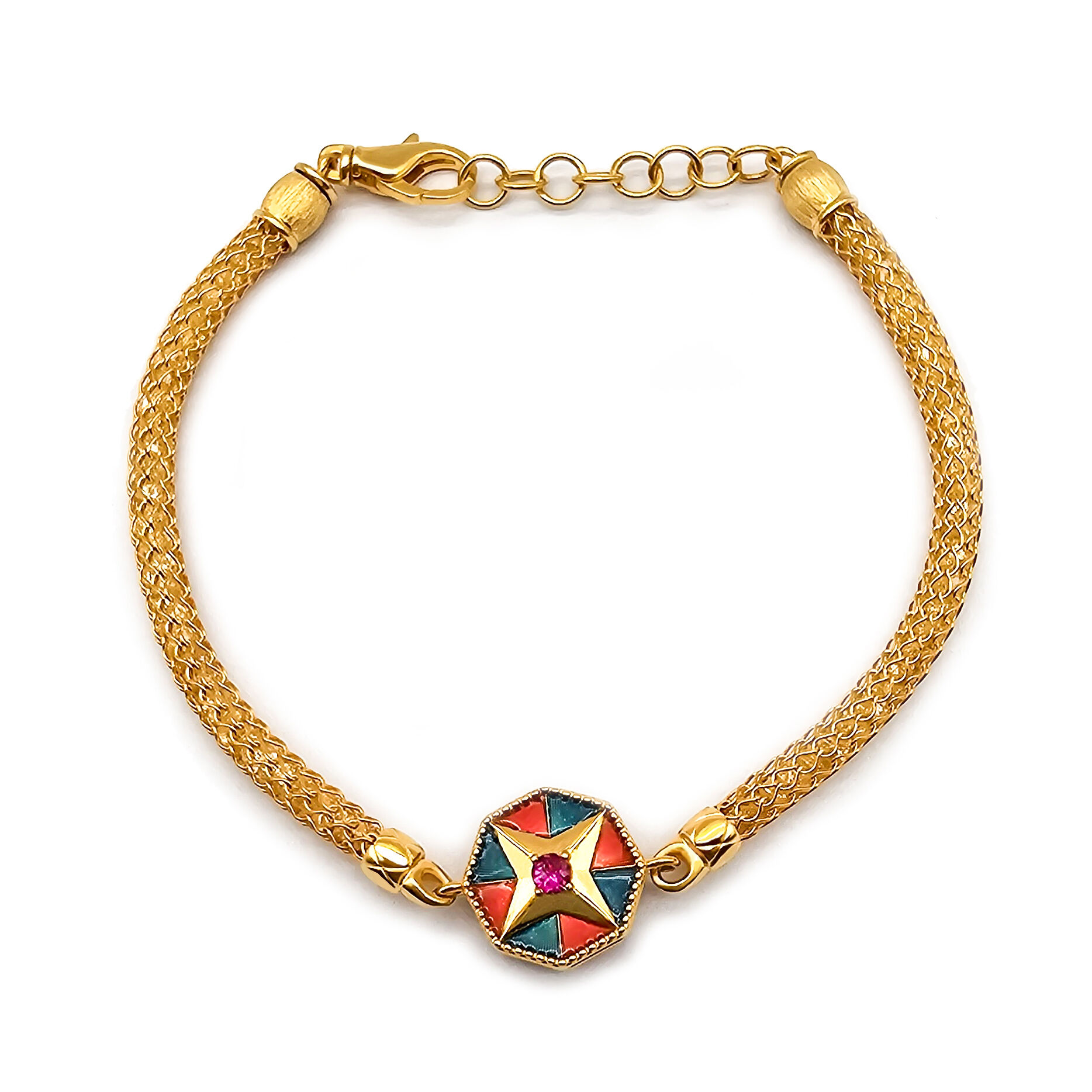 Vintage Brass Zircon Star Shape Double Color Oil Drop Craft Money Bag Weaving Chain Bracelet for Women