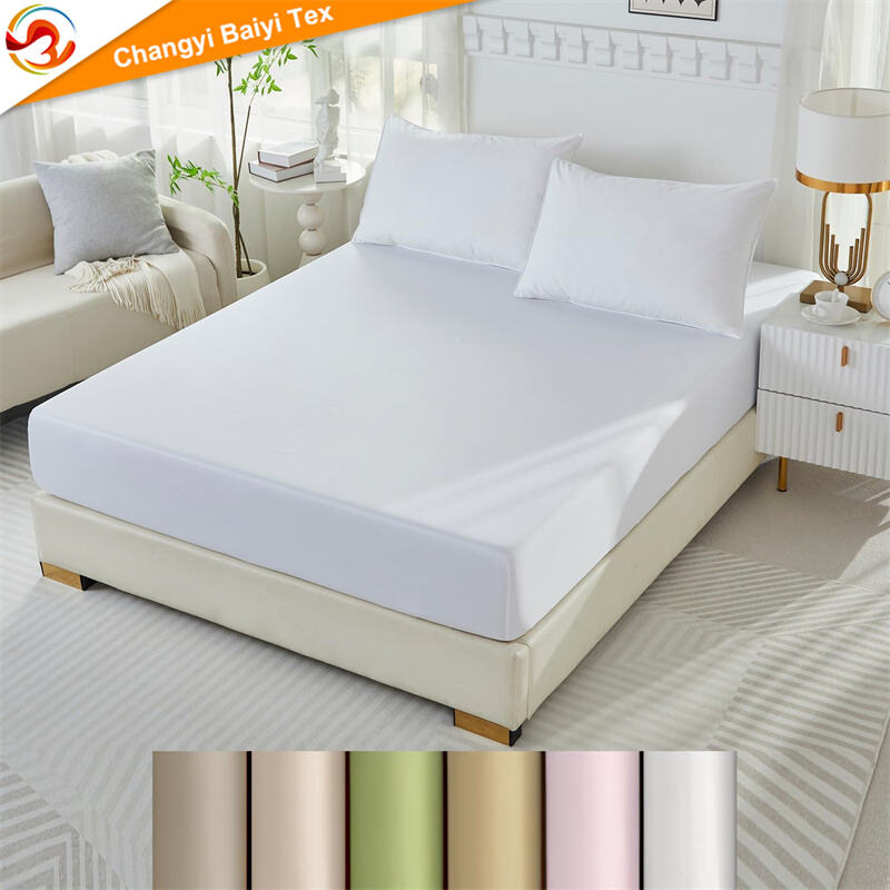 تولیدکننده ملحفه کشی یک‌عددی از جنس پلی‌استر ۱۰۰ درصد با رنگ دوخته، محصول OEM/ODM، روکش ماتراس تخت هتلی با کش تمام‌طرفه، بدون چین و چروک و قابل شستشو و نگهداری آسان