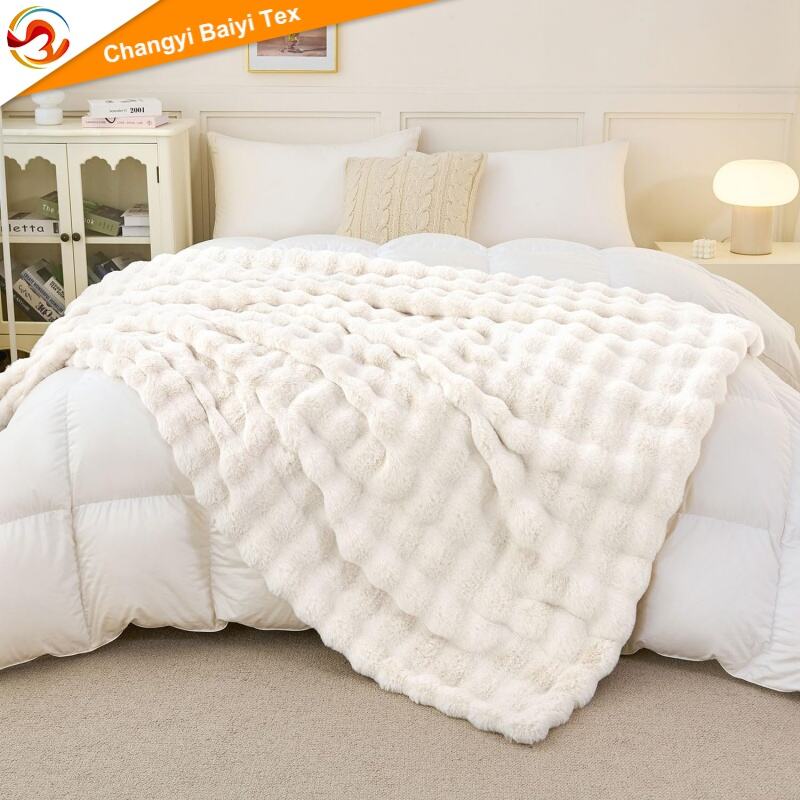 Puszysty ciepły pluszowy gruby bąbelkowy koc do łóżka, kanapy, salonu 50x60 cali, granatowy