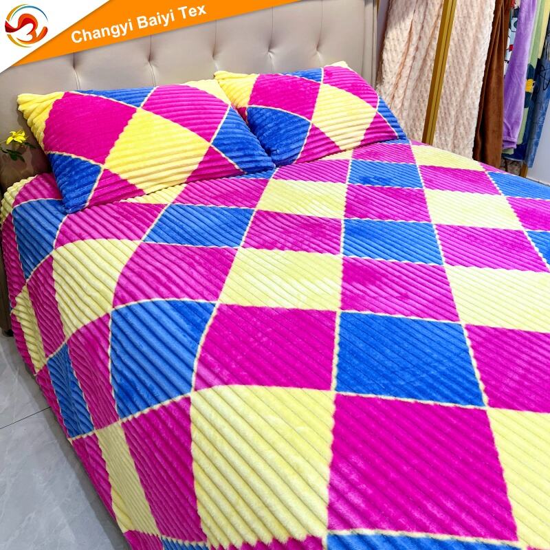 Koc flanelowy w paski z geometrycznym wzorem, zestaw 3-sztukowy z pościelą