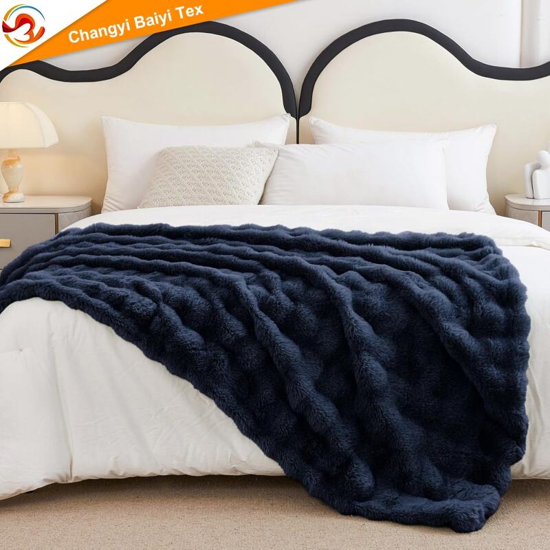 Puszysty ciepły pluszowy gruby bąbelkowy koc do łóżka, kanapy, salonu 50x60 cali, granatowy