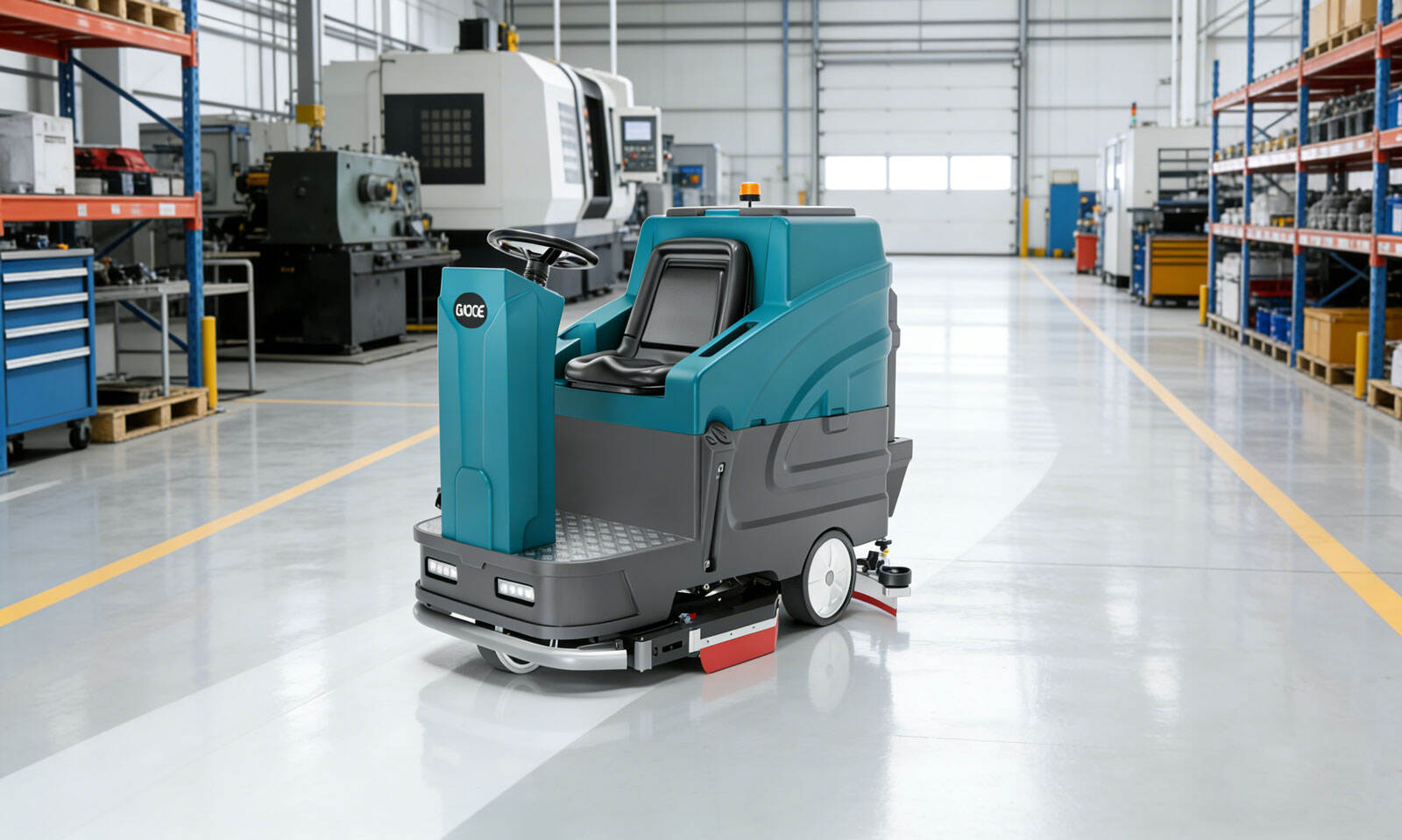 A máquina de limpeza de pisos melhora visivelmente a organização geral da oficina