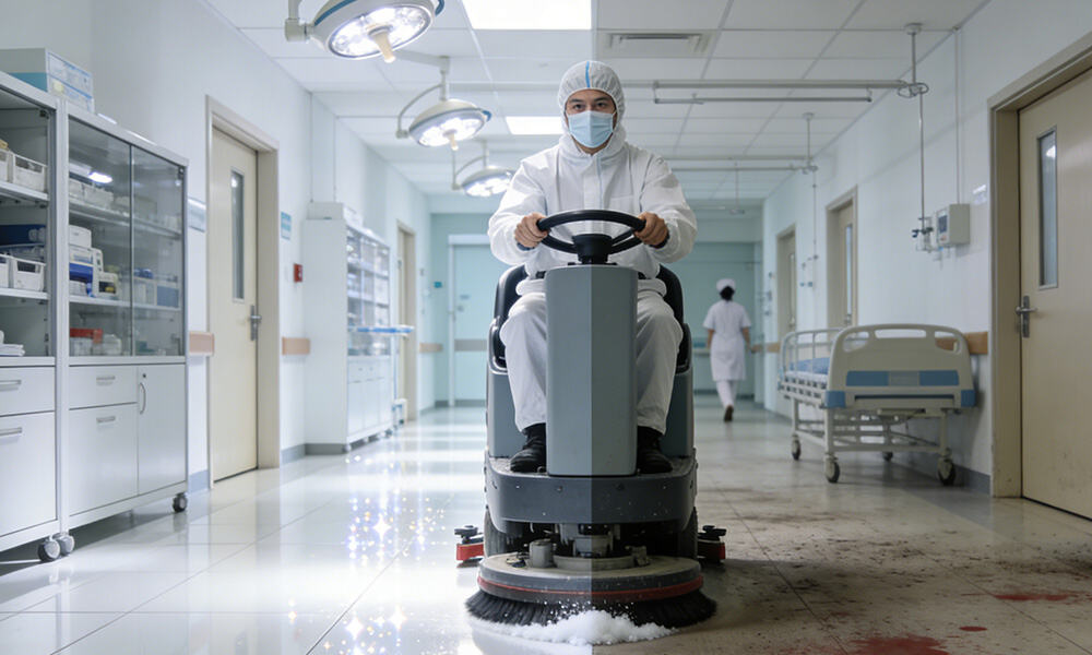 How does a floor scrubber machine improve efficiency?