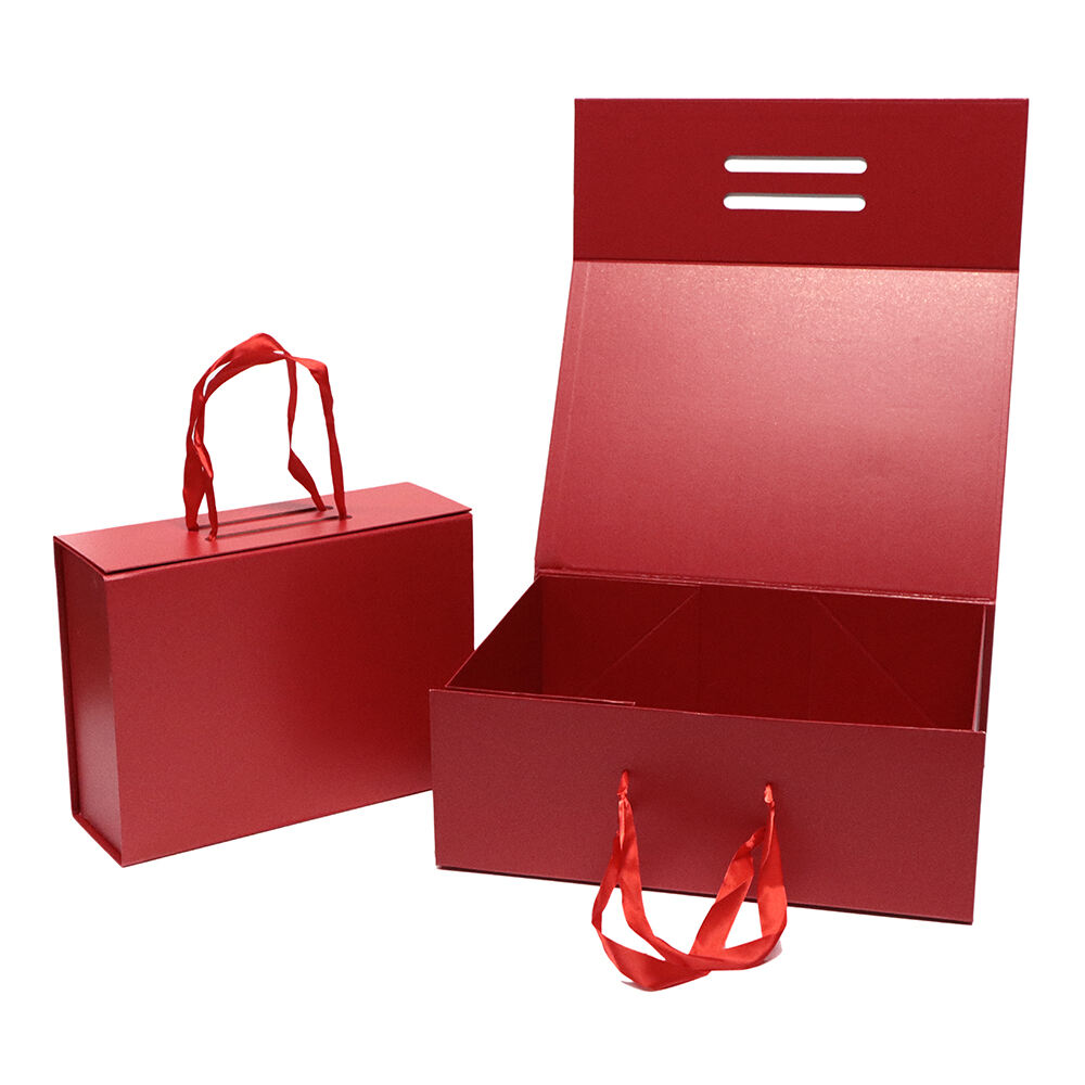 Custom Logo Luxury Red Rigid Cardboard Packaging Magnetic Folding Gift Box with handle