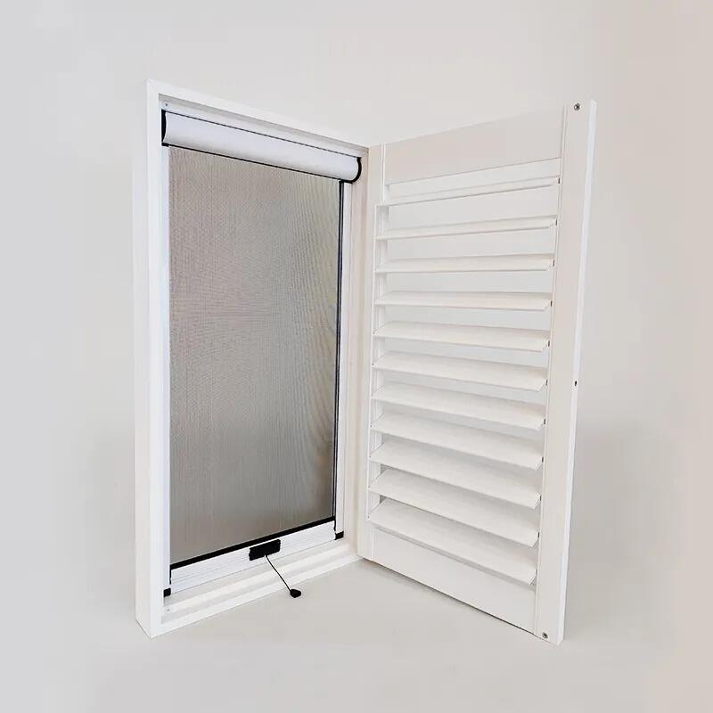 Wooden shutter blinds provide either absolute privacy or can be fully open for full light exposure.