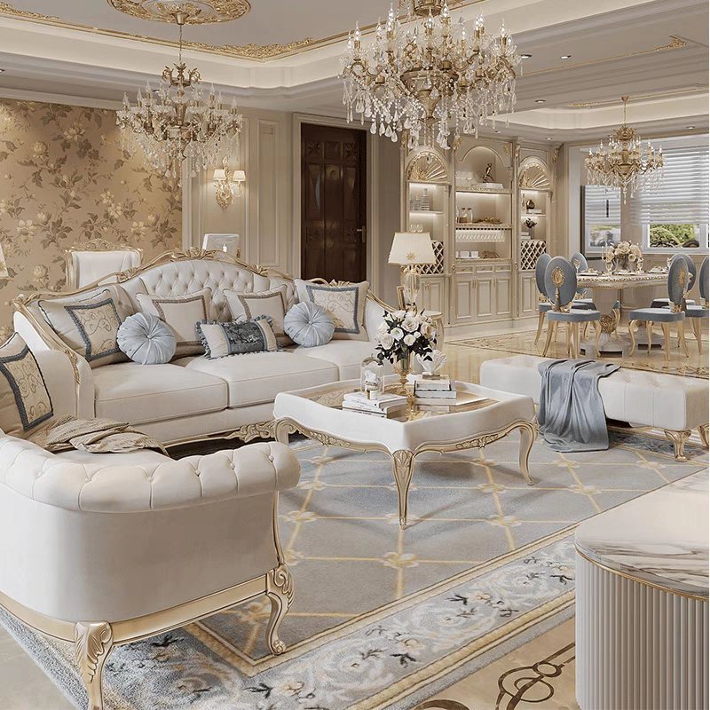 French Luxury Modular Sofa Set – White Fabric with Solid Wood Carved Design for Living Rooms