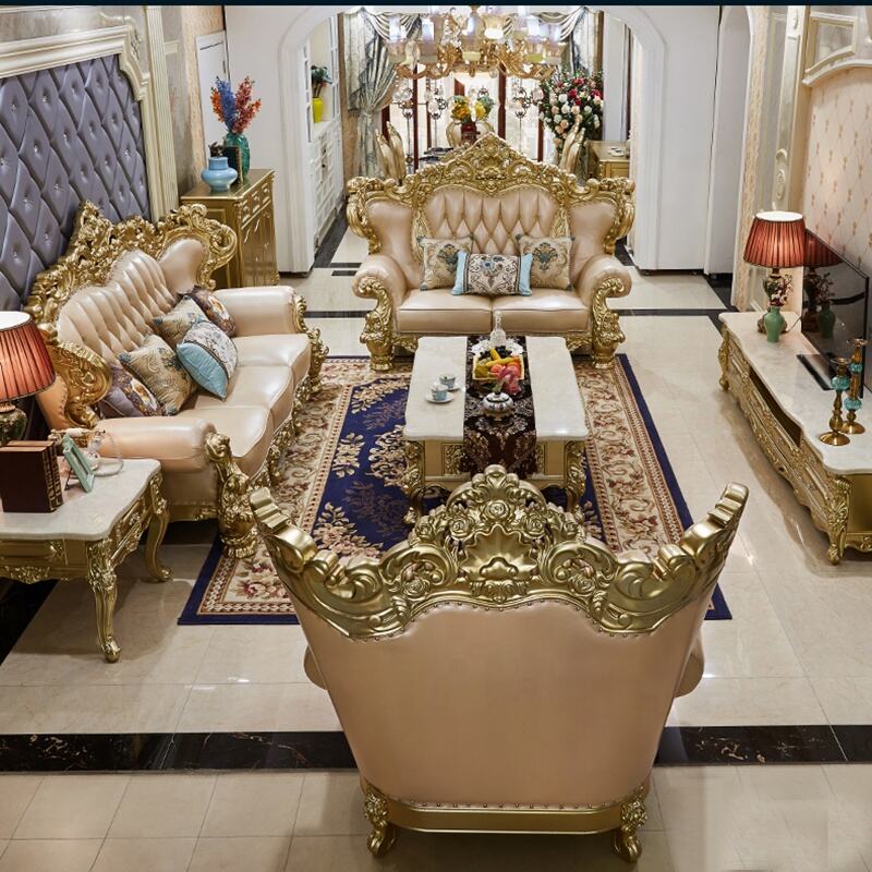 Classic American Leather Sofa Set – Luxury Solid Wood Carved Design for Villa Living Rooms