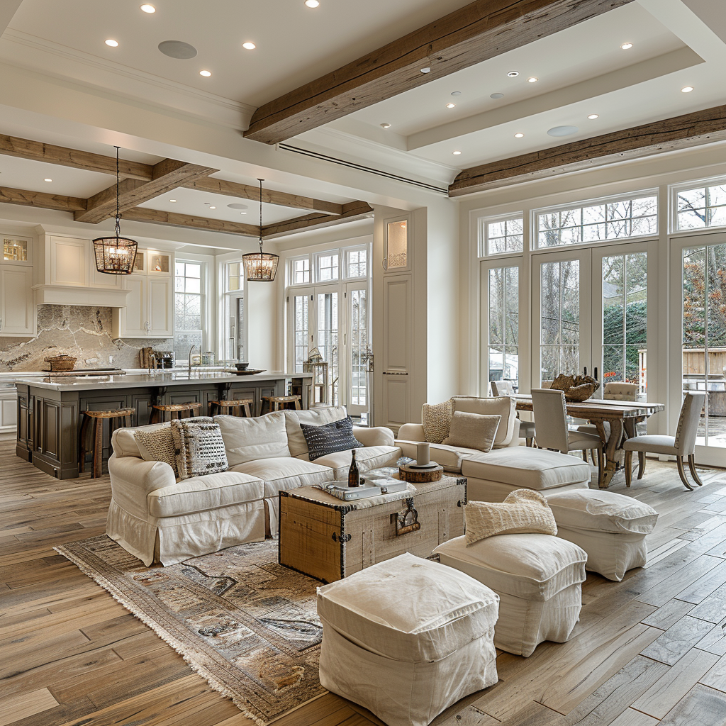 American Country Home Furniture – Beige Color Scheme Open Concept Living & Dining Room Design