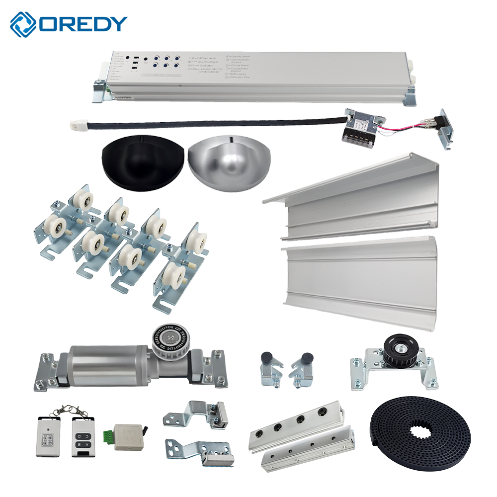 نظام فتح الأبواب الآلي من OREDY بسعة 120 أمبير، يتضمن جهاز فتح وإغلاق أوتوماتيكي للأبواب المنزلقة، وحساسًا ومحركًا وباب زجاجي آلي، وآلية فتح باللمس