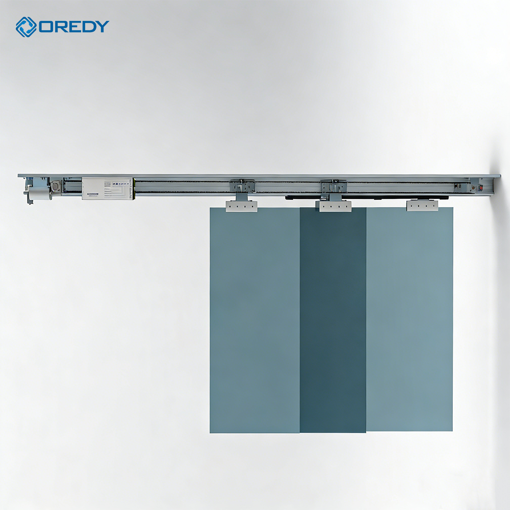 OREDY Modern automatikus csúszóajtó-készlet, alumínium ötvözetből készült függesztett átfedő elektromos teleszkópos távirányítós ajtó, 120 kg teherbírású bevásárlóközpontokhoz és szállodákhoz