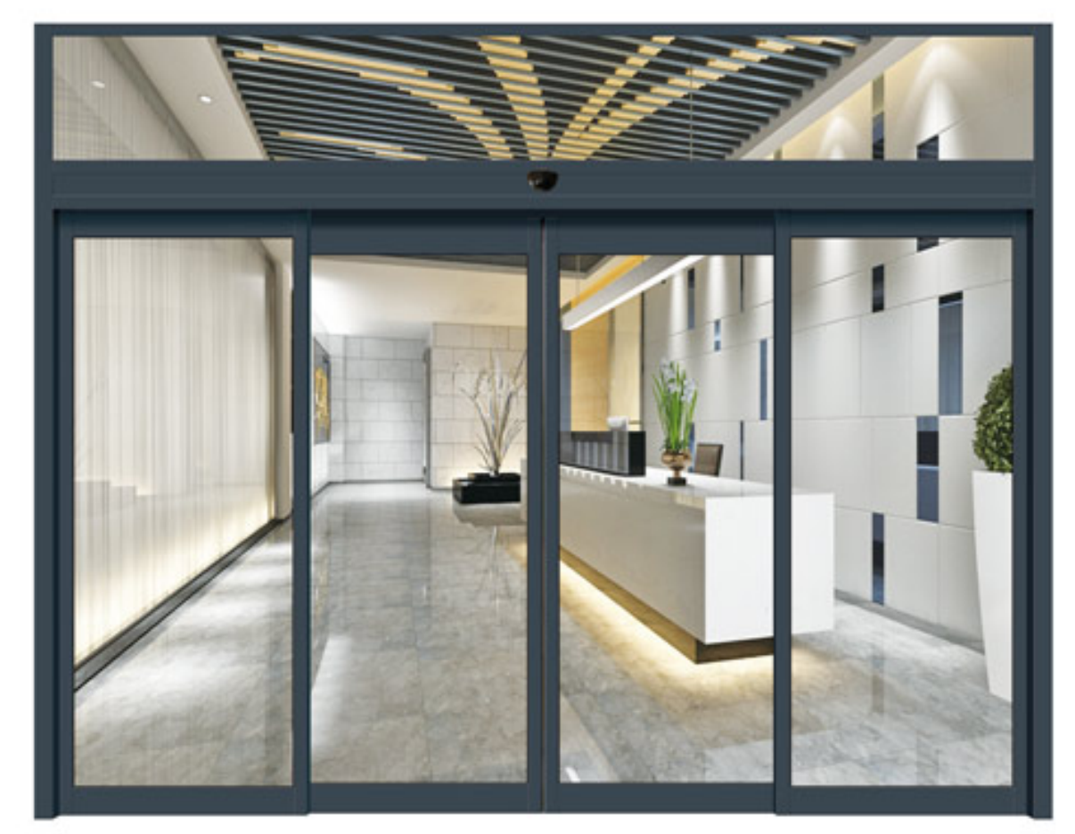 Système de porte coulissante en verre automatique avec cadre en aluminium et vitrage trempé pour entrées commerciales