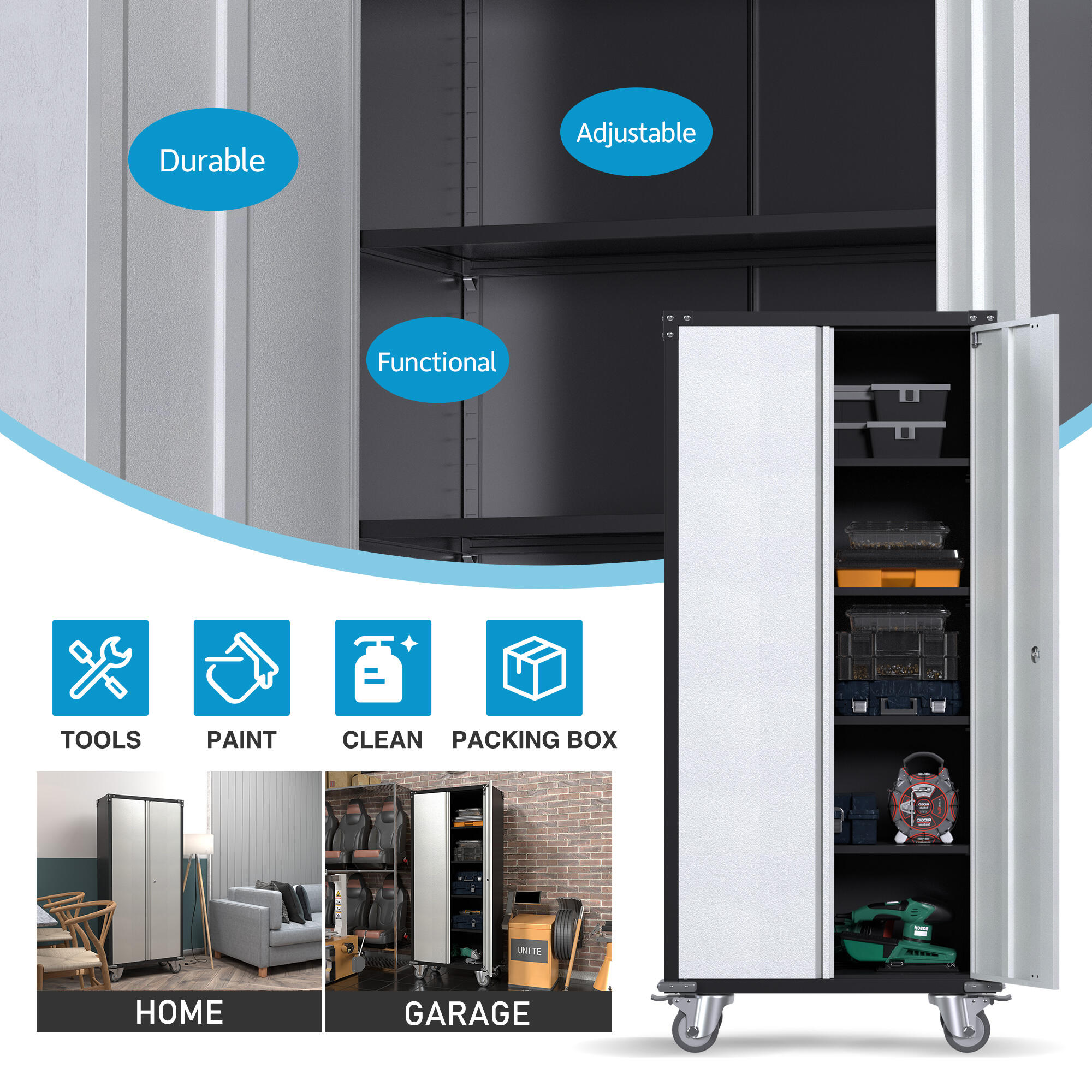 71" Tall Garage Storage Cabinets With Locking Doors And 4 Adjustable Shelves,Metal Storage Cabinets With Wheels Metal Wardrobe details