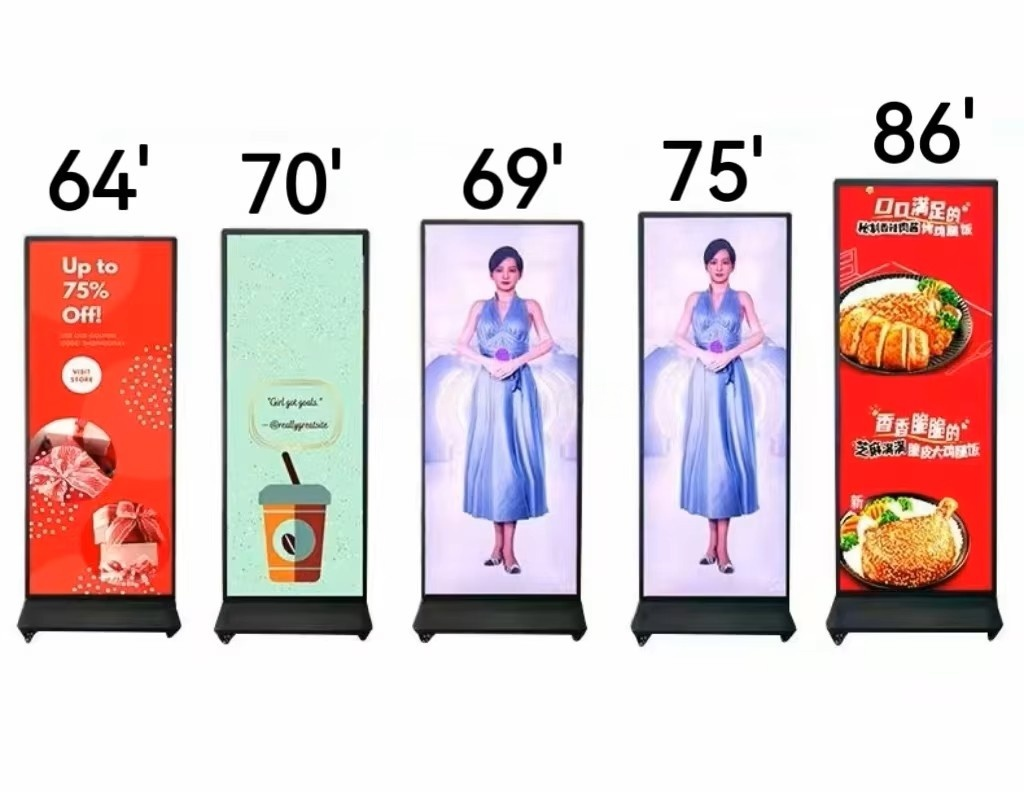 64/69/79 tommer skåret skærm Smal kant Strakt bar Lcd Reklame Display Gulvstående Touch Screen Digital Skiltning