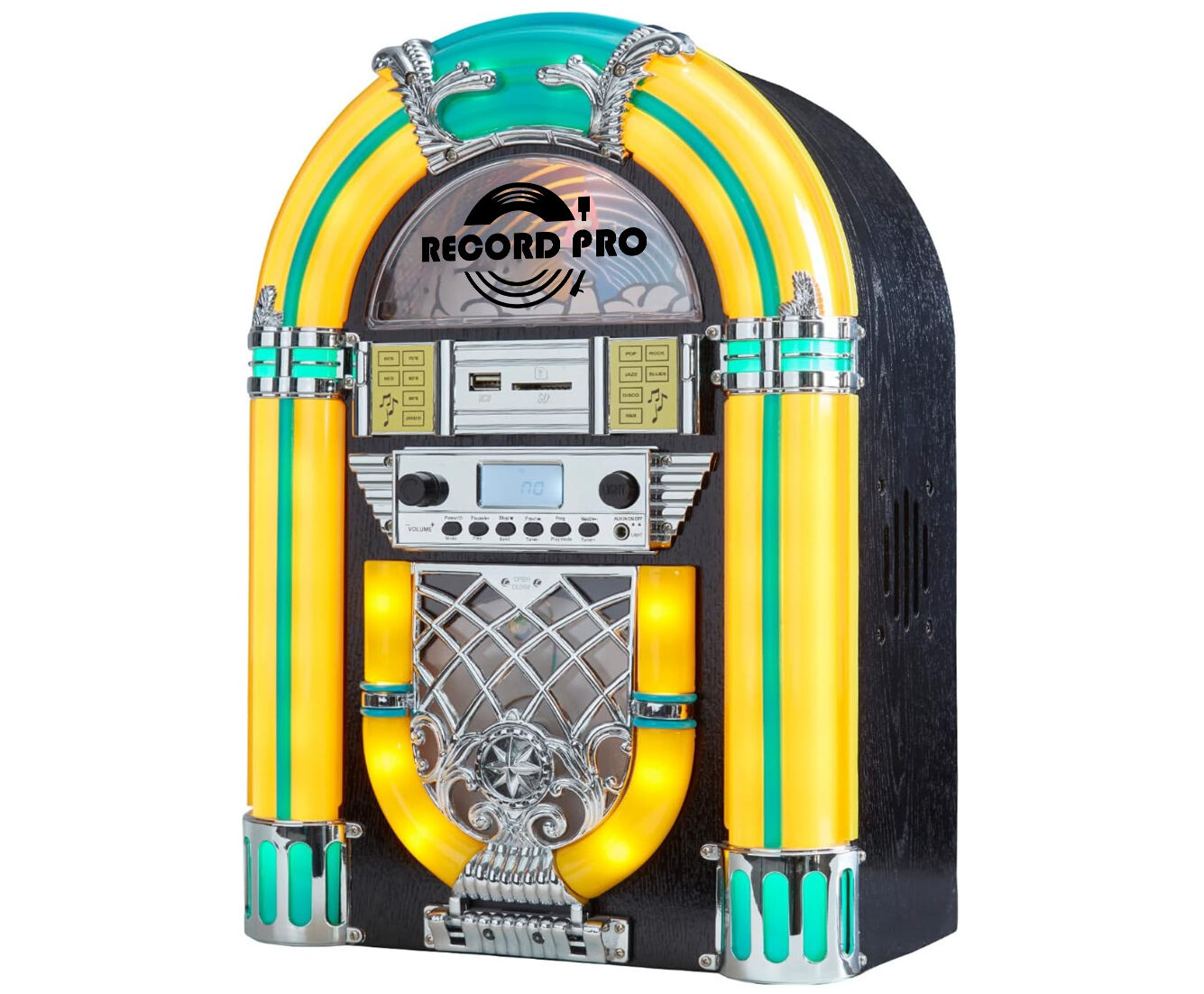 Record Pro Mini Jukebox/Tisch-CD-Player/Bluetooth-Lautsprecher/Radio/USB- und SD-Karten-Spieler mit Retro-LED-Beleuchtungssystem (Gelb Grün)