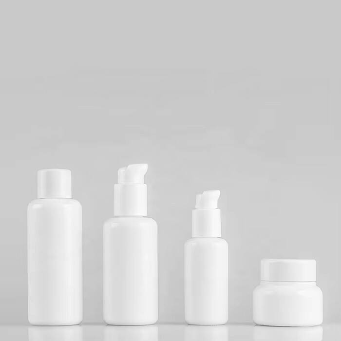 40/100/120 ml rund cylinderformet opalglasflaske og 50 g glasbeholder med lotionpumpe og skruelåg