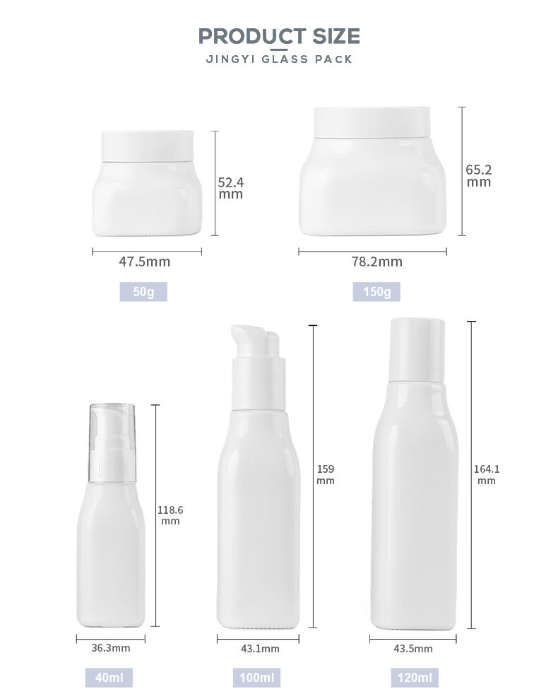 čtvercová opalová skleněná lahvička o objemu 40/100/120 ml a skleněné nádoby o objemu 50 g a 100 g s dávkovačem pro tekutiny a šroubovacím uzávěrem