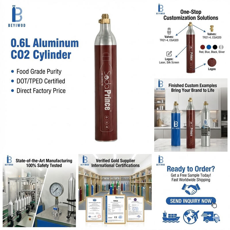 silinder CO2 Aluminium Dapat Diisi Ulang 0,6 L 425 g untuk Mesin Pembuat Soda, Silinder Gas Kelas Makanan dengan Katup TPED/DOT/ISO TR21-4