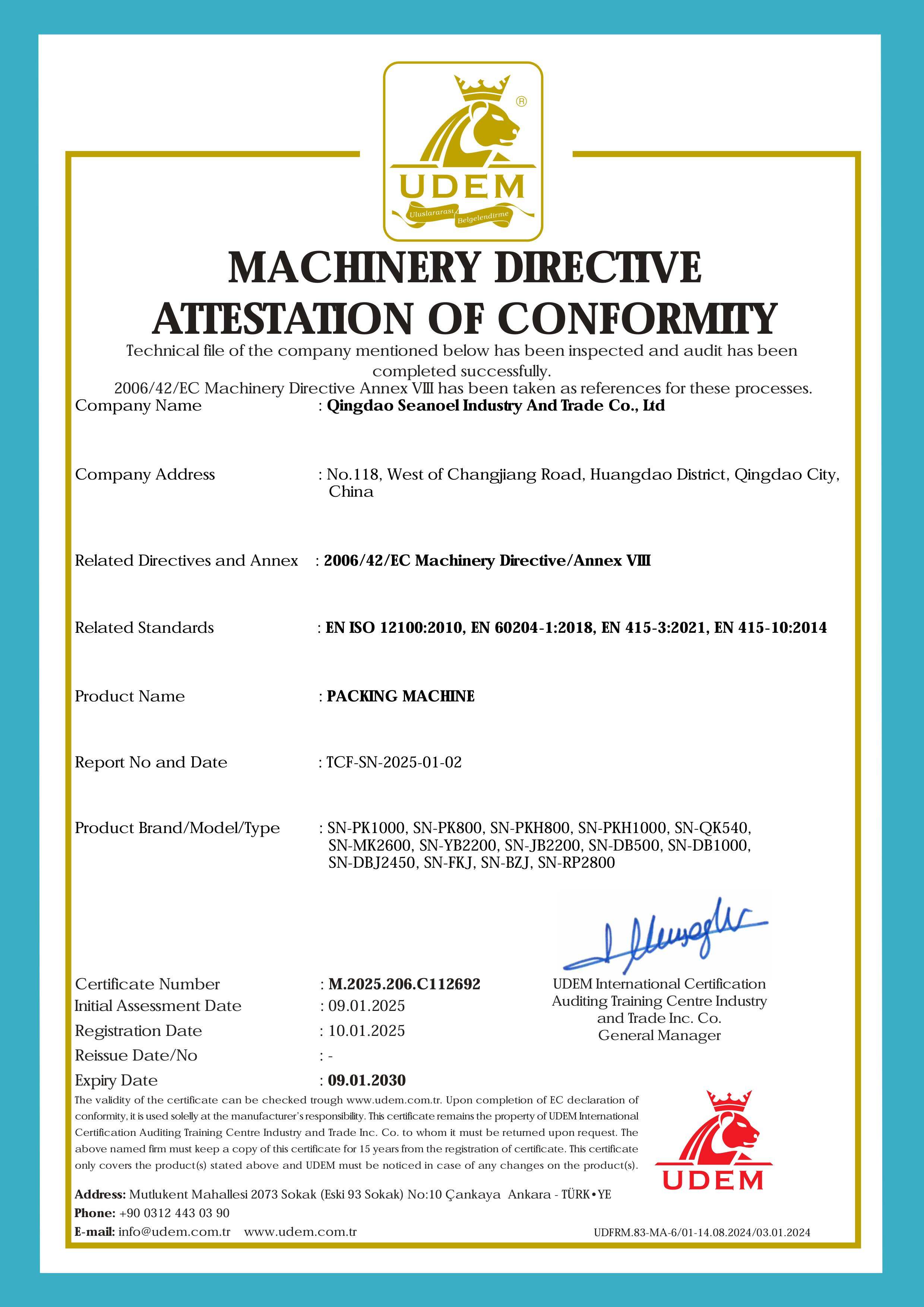 MACHINERY DIRECTIVE ATTESTATION OF CONFORMITY