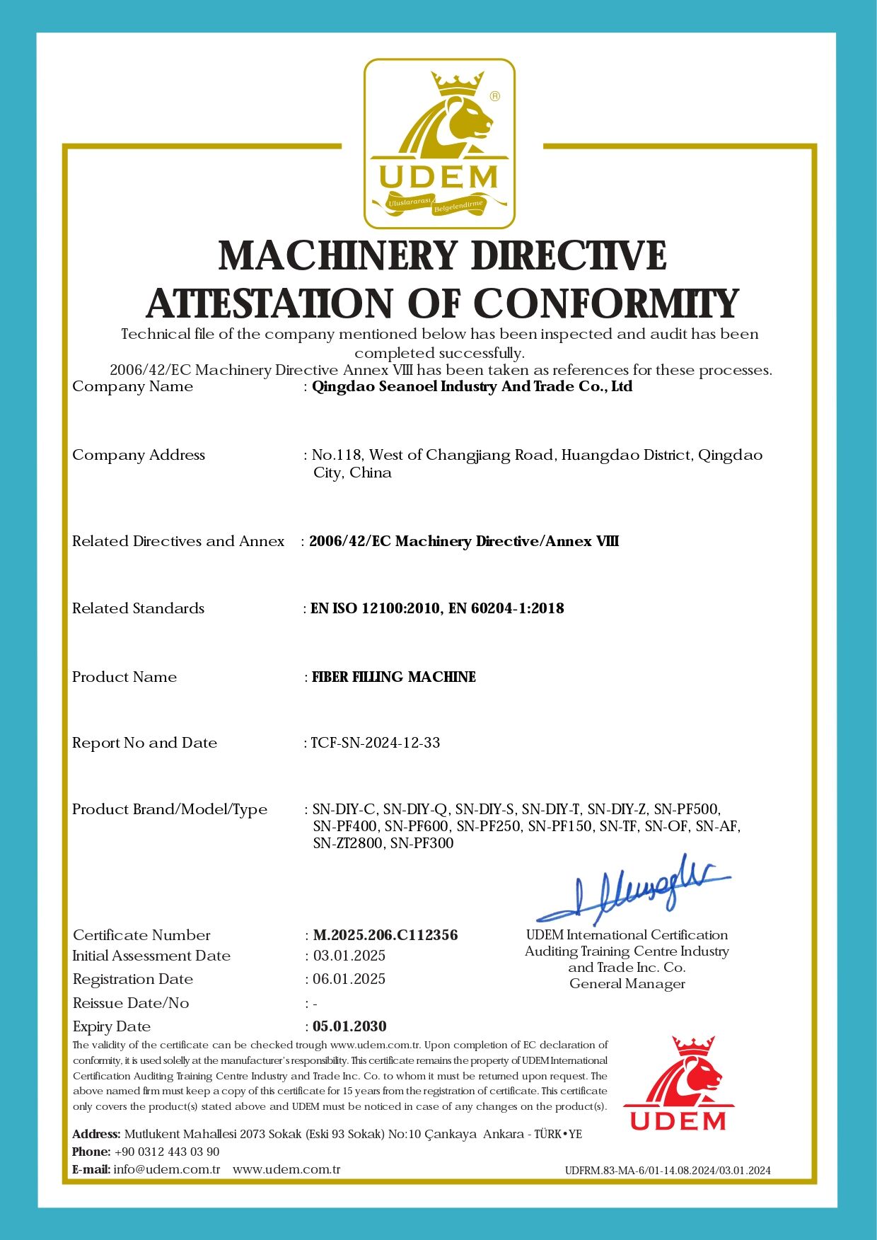 MACHINERY DIRECTIVE ATTESTATION OF CONFORMITY
