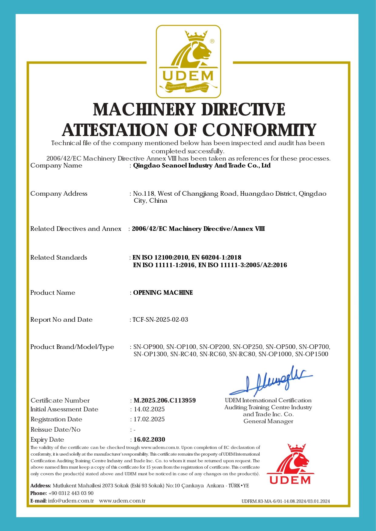 MACHINERY DIRECTIVE ATTESTATION OF CONFORMITY