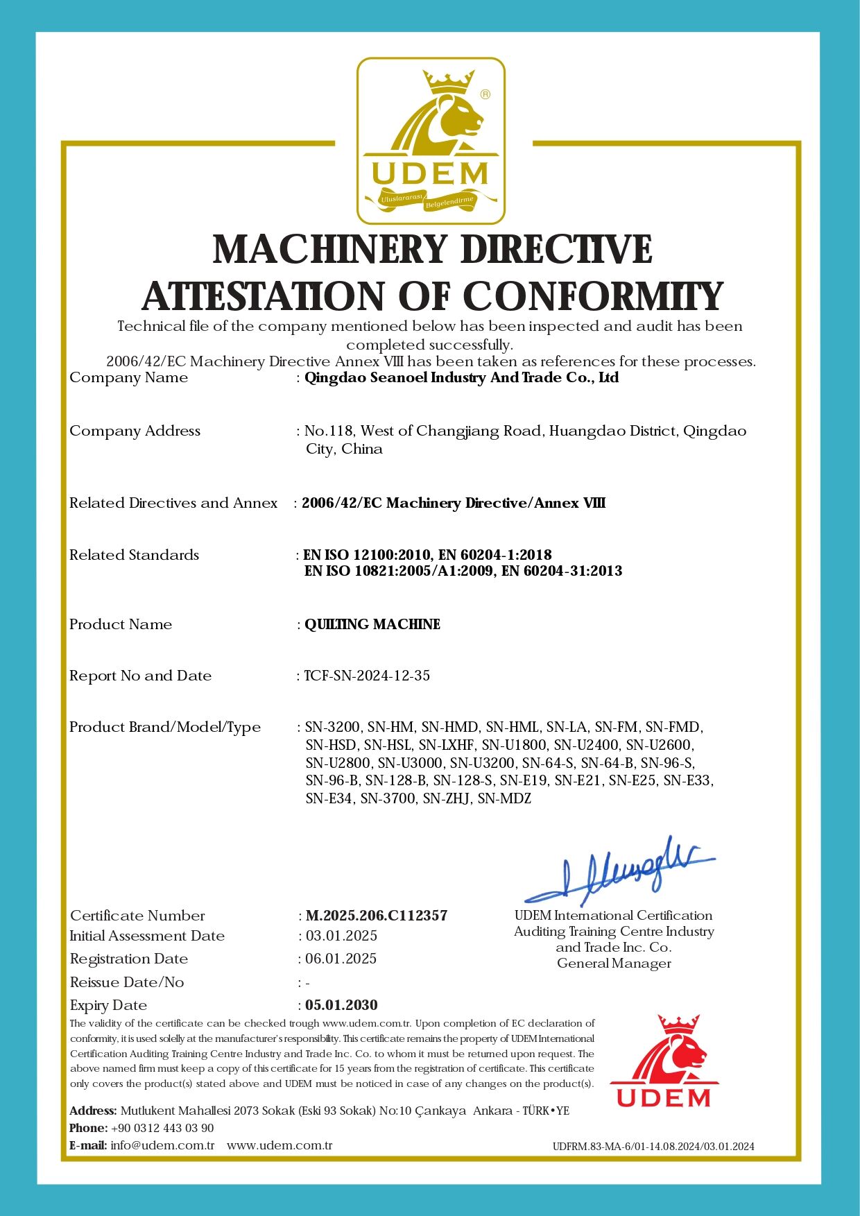 MACHINERY DIRECTIVE ATTESTATION OF CONFORMITY