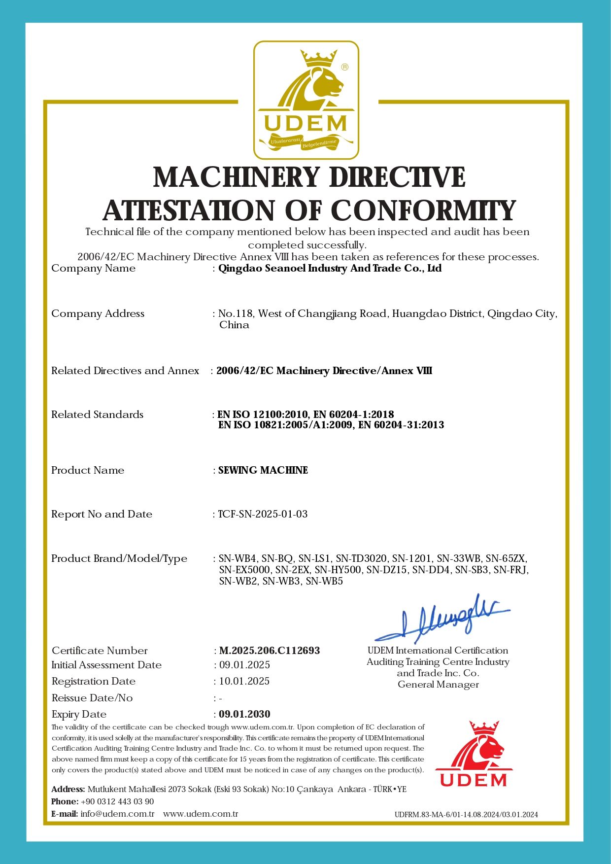 MACHINERY DIRECTIVE ATTESTATION OF CONFORMITY