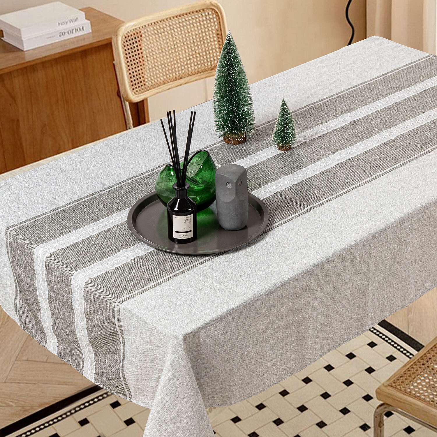 Linen Like Cationic 1pc Tablecloth Rectangular Stripe Design White & Grey Woven Polyester for Kitchen & Dining Room &Wedding Decoration Vintage Tablecloth