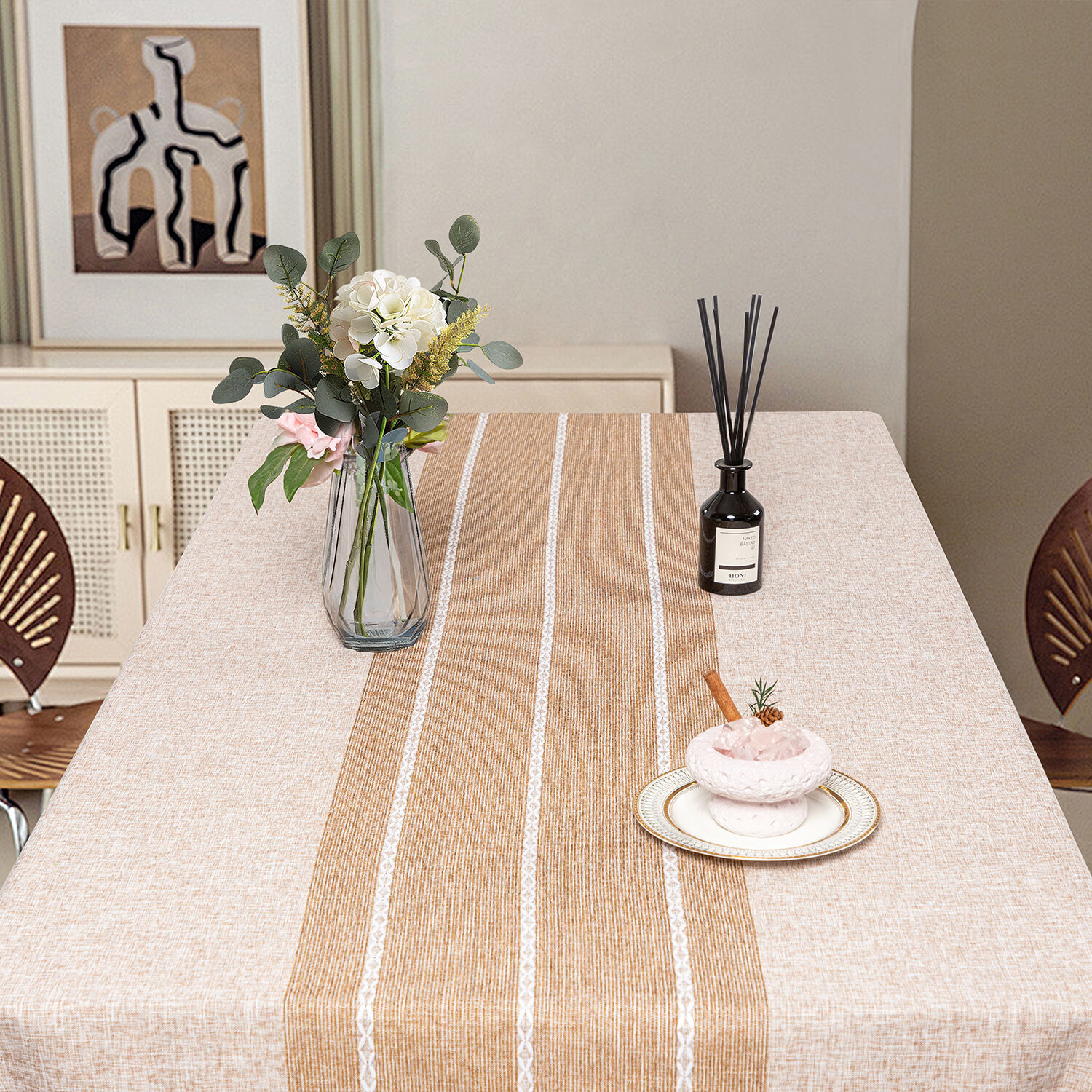 Natural Style 1pc Tablecloth Rectangular Woven Polyester for Kitchen & Dining Room &Wedding Decoration Tablecloth Vintage Style Cationic Tufted Faux Linen Tablecloth