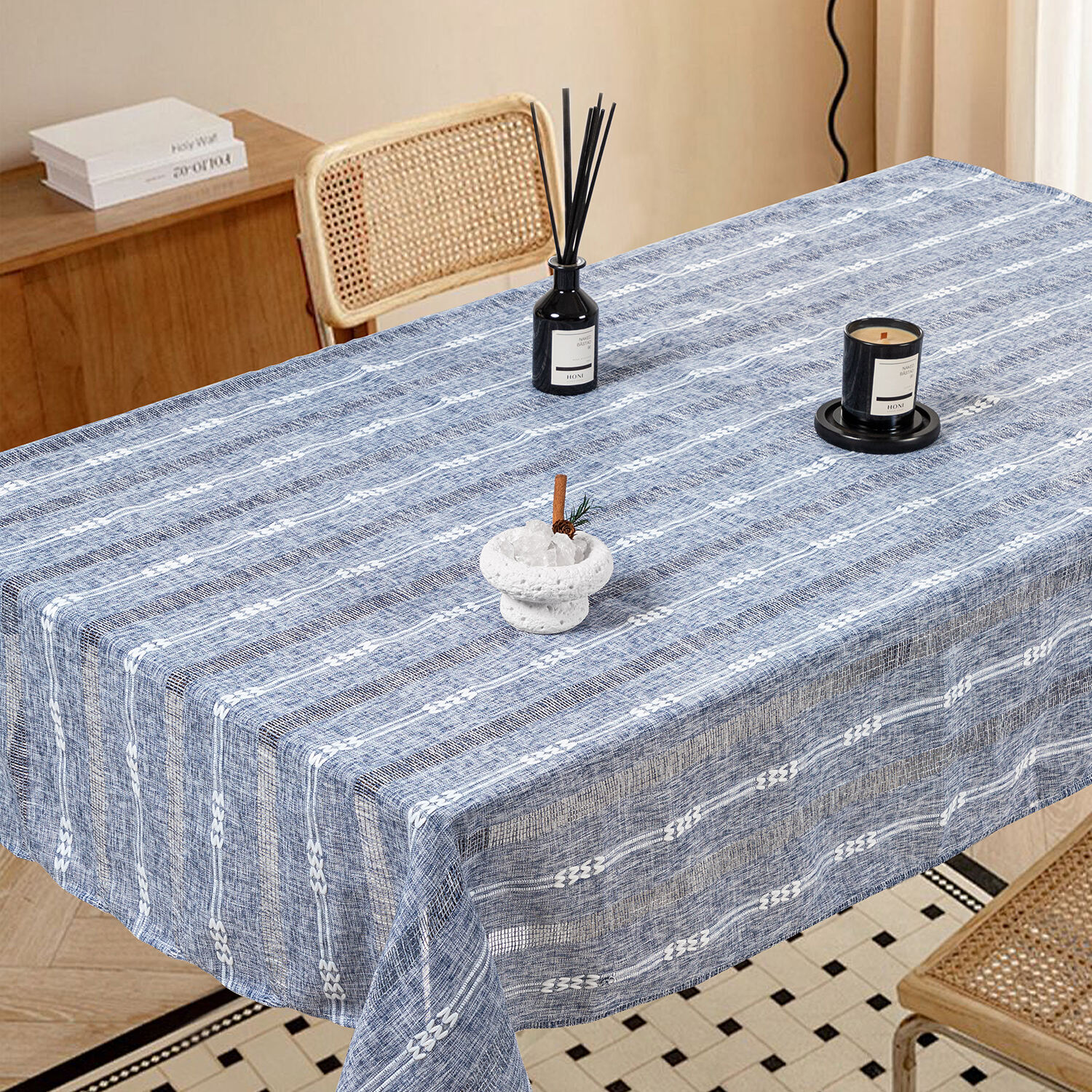 Stripe Design Cationic Faux Linen 1pc Tablecloth Rectangular Woven Polyester for Kitchen & Dining Room &Wedding Decoration Vintage Tablecloth Denim Blue with White