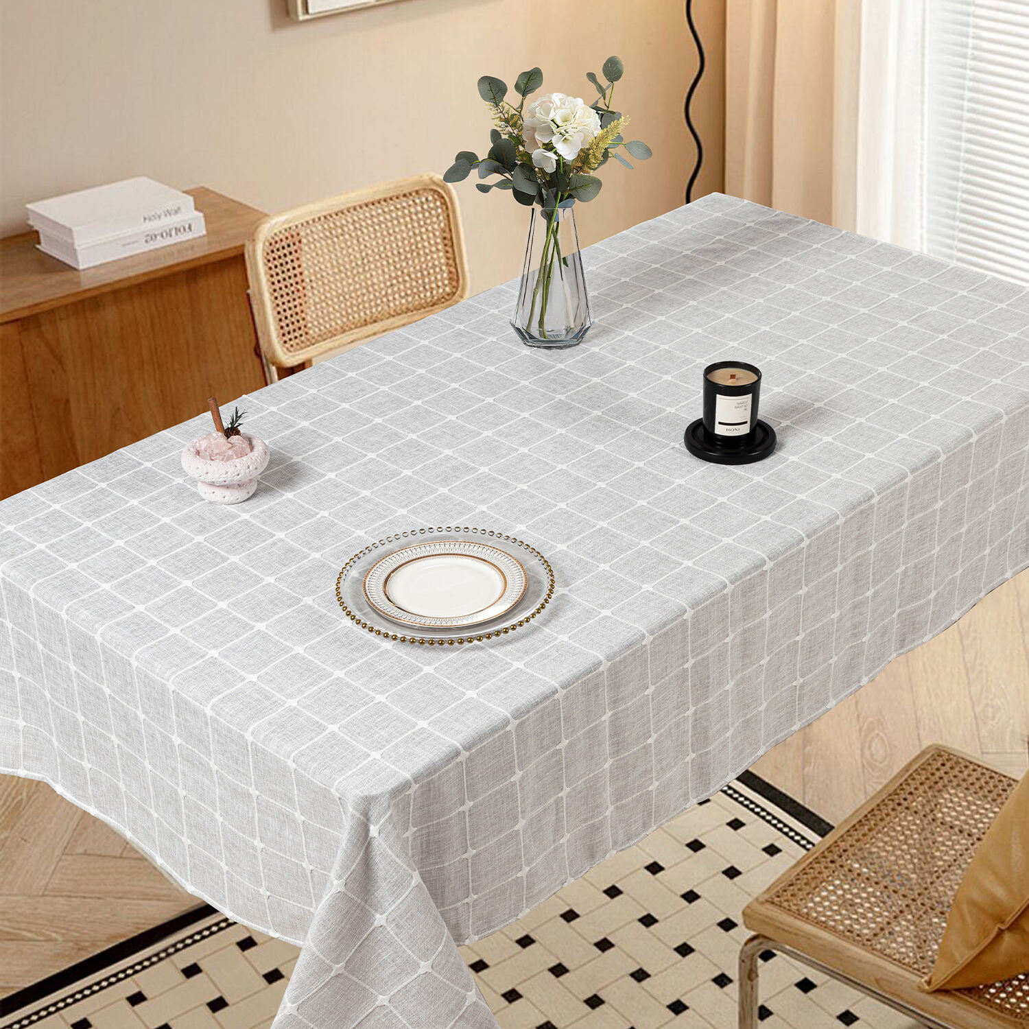1pc Tablecloth Rectangular Nordic Plaid Style White & Grey Woven Polyester for Kitchen & Dining Room &Wedding Decoration Vintage Tablecloth