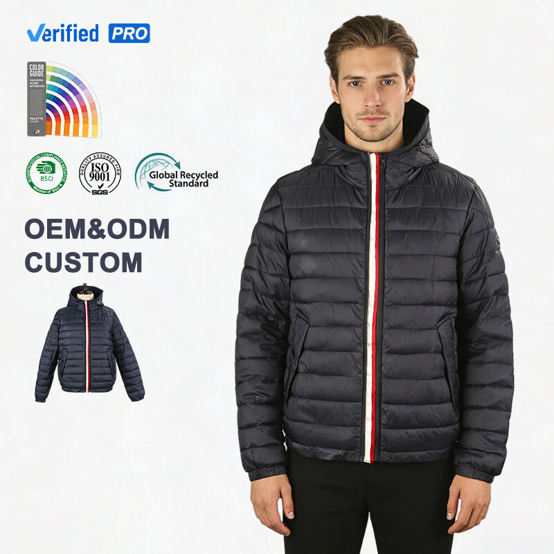 Custom OEM Hooded Striped Zipper Men's Lightweight Puffer Jacket 