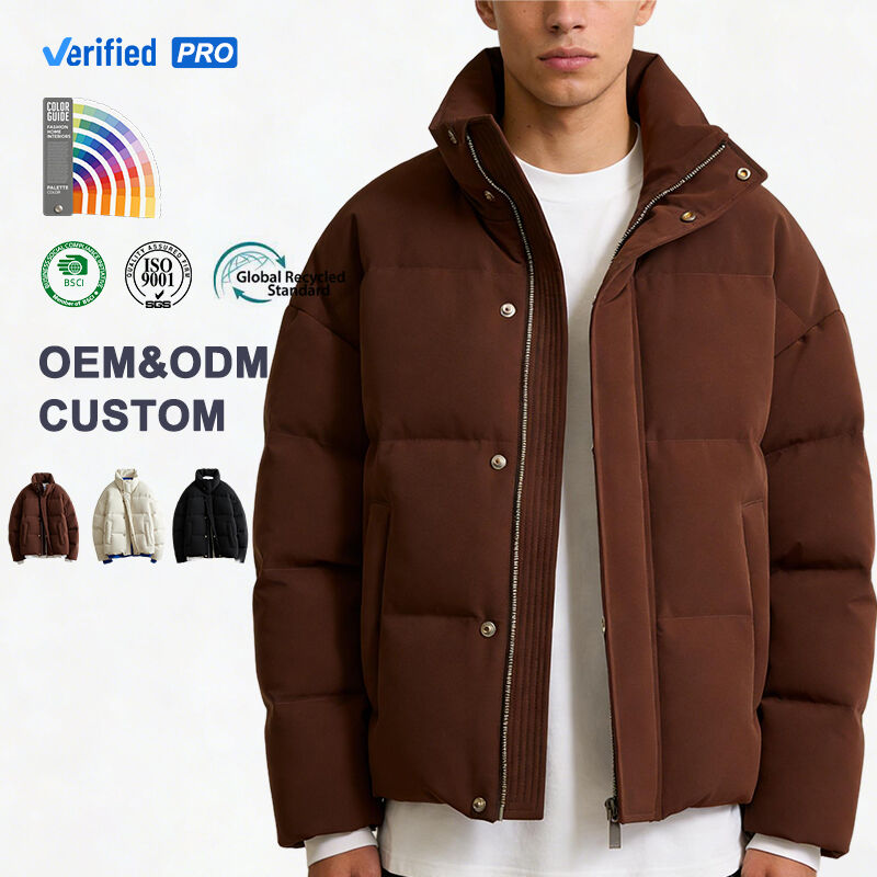 Men's Stand Collar Puffer Jacket Full Zip Snap Button Winter Coat OEM
