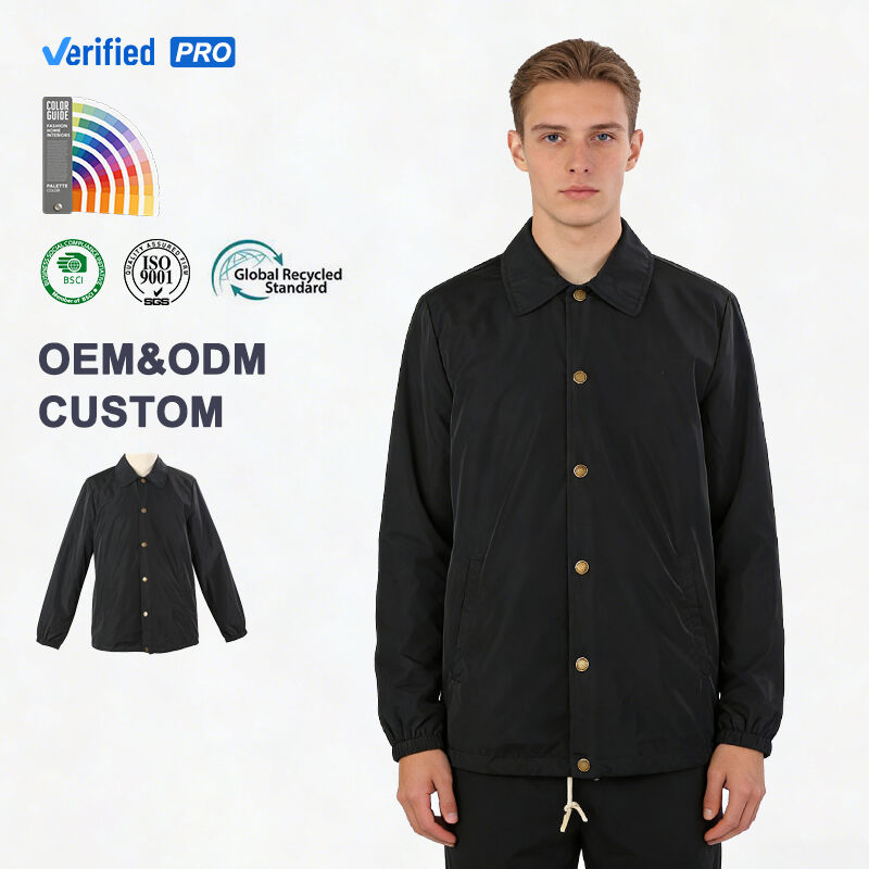 Custom Turn Down Collar Snap Closure Men's Black Coach Jacket