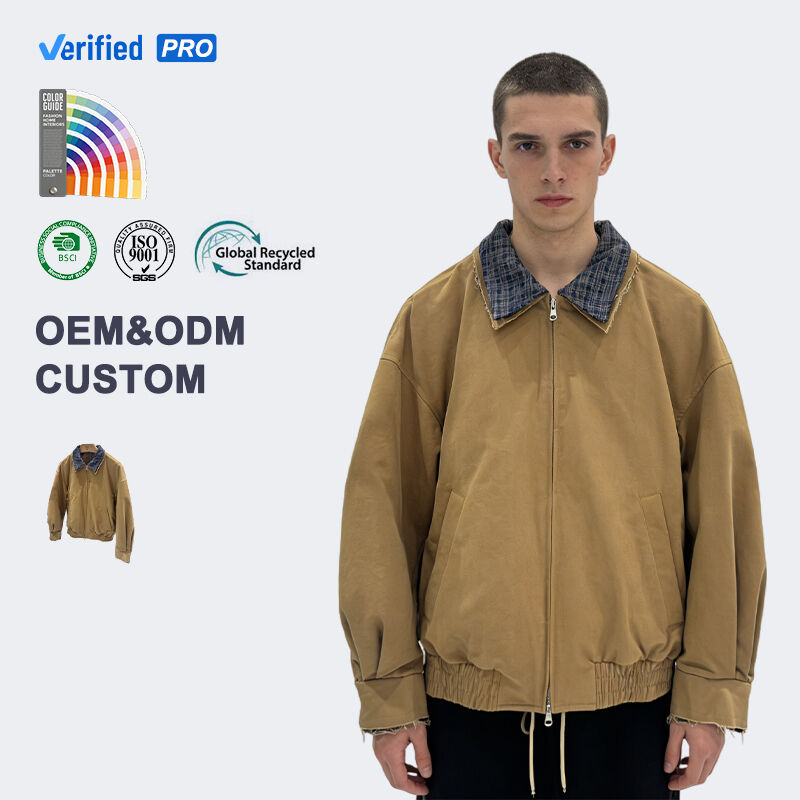Khaki Plaid Collar Casual Coat Custom Men's Loose Bomber Jacket  