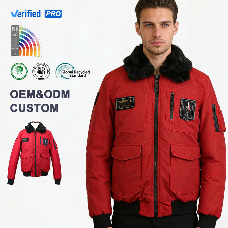 Custom Logo  Detachable Fake Fur Collar Men's Pilot Bomber Jacket