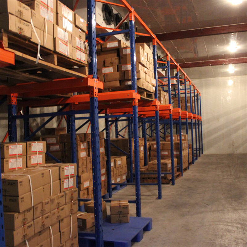 கிடங்கில் ஓட்டுநர் வழியாக உள்ளே செல்லும் ரேக்கிங் அமைப்பின் முழுமையான காட்சி