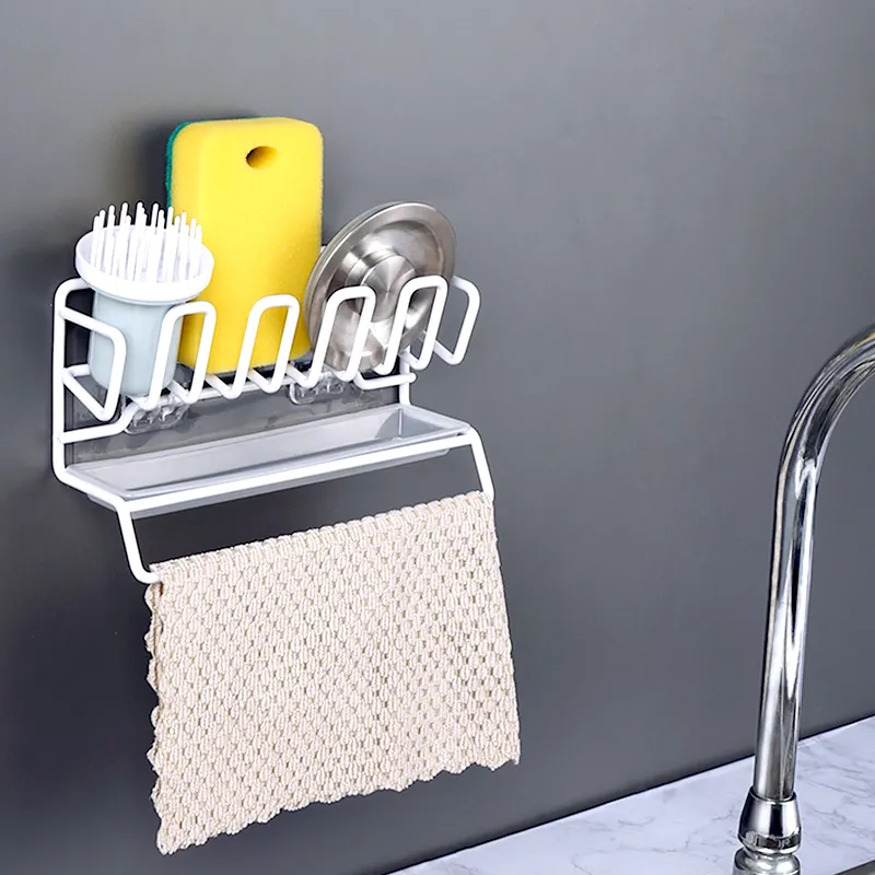 Kitchen Sponge Holder Drain Racks Self Adhesive Dish Cloth Hanger Soap Rag Brush Holder Carbon Steel Storage Organizer Basket